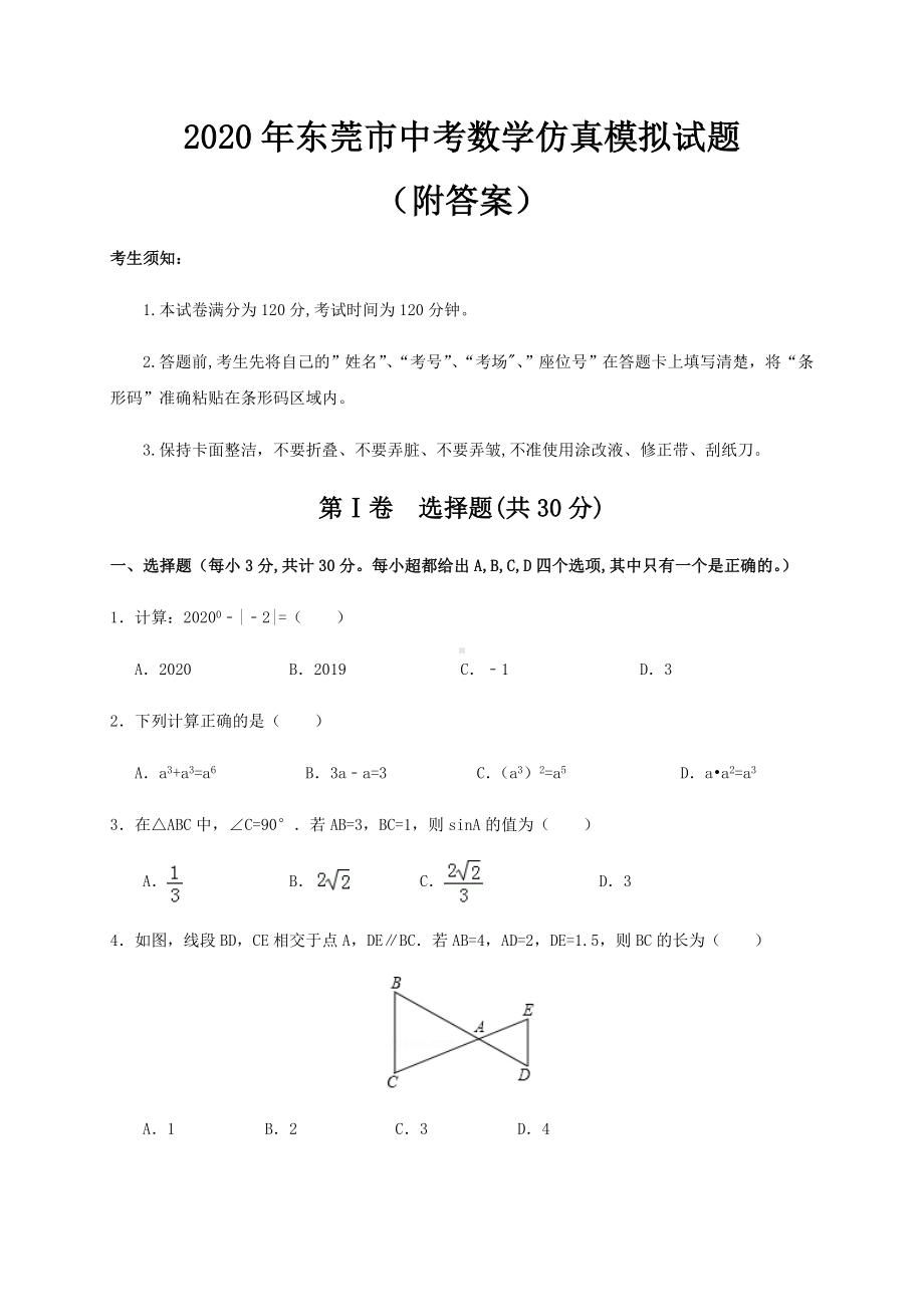 2020年东莞市中考数学仿真模拟试题(附答案).doc_第1页