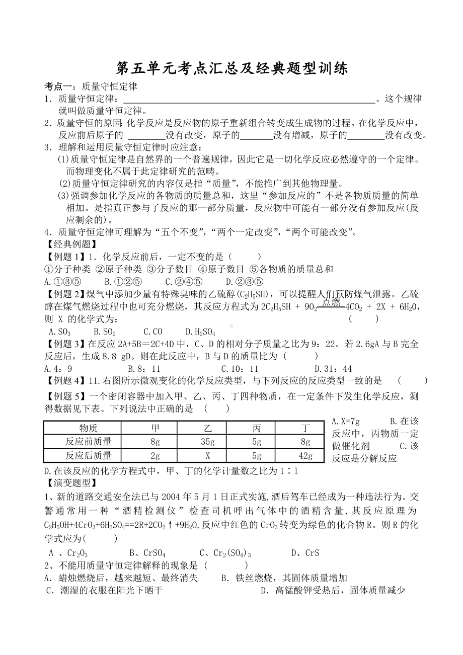 人教版九年级上册化学第五单元考点汇总及经典题型训练(无答案).doc_第1页