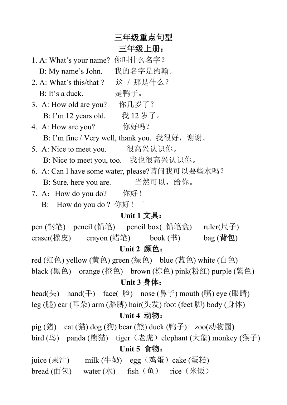 pep三到六年级重点单词句型复习资料.doc_第1页