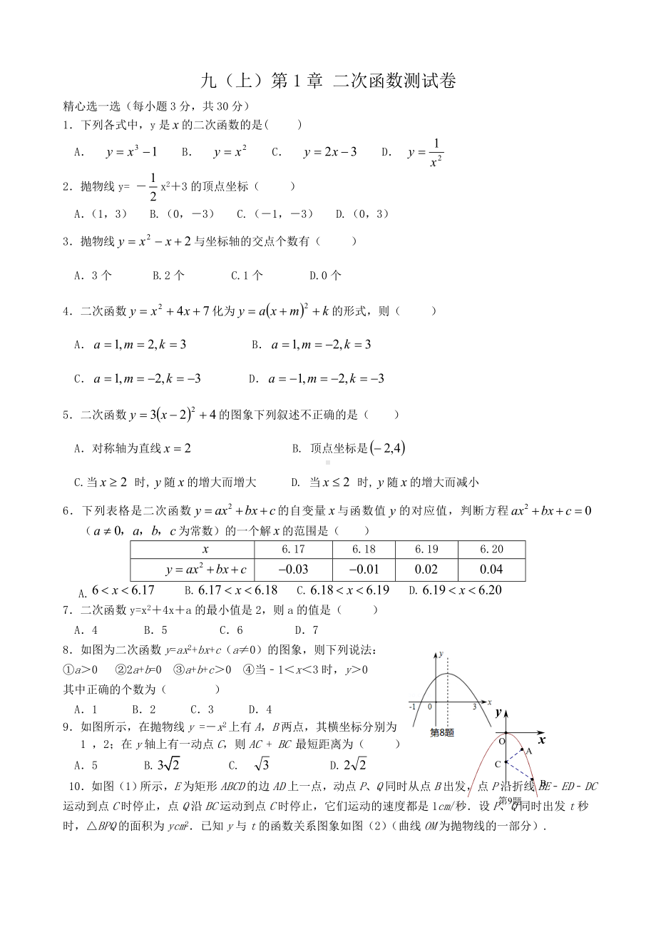 九(上)第1章二次函数测试卷.doc_第1页