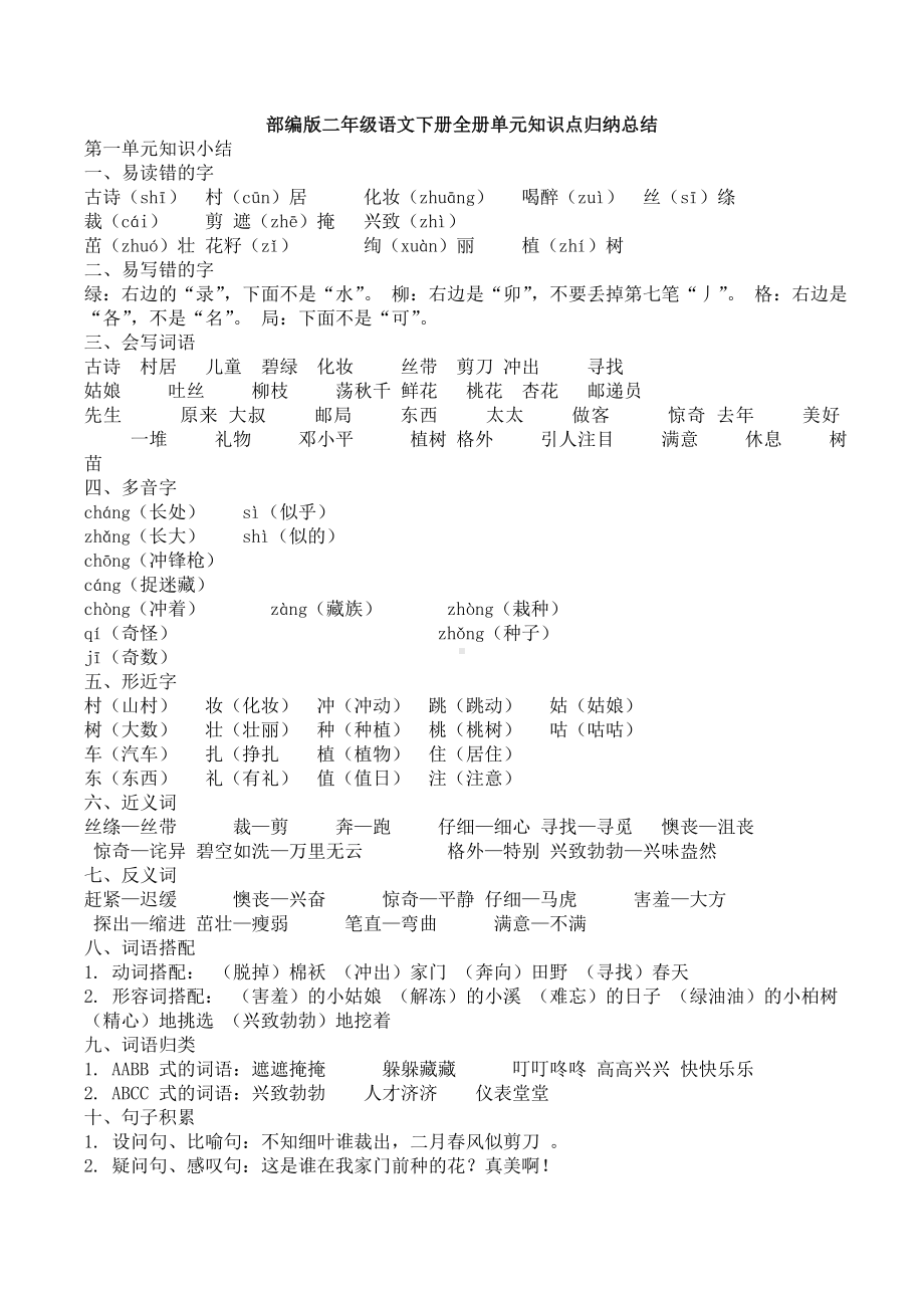 [部编版]二年级语文下册全册单元知识点归纳总结.doc_第1页