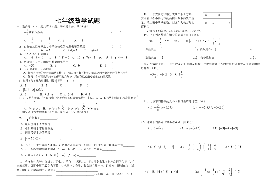 七年级上册数学-有理数测试题及答案.doc_第1页