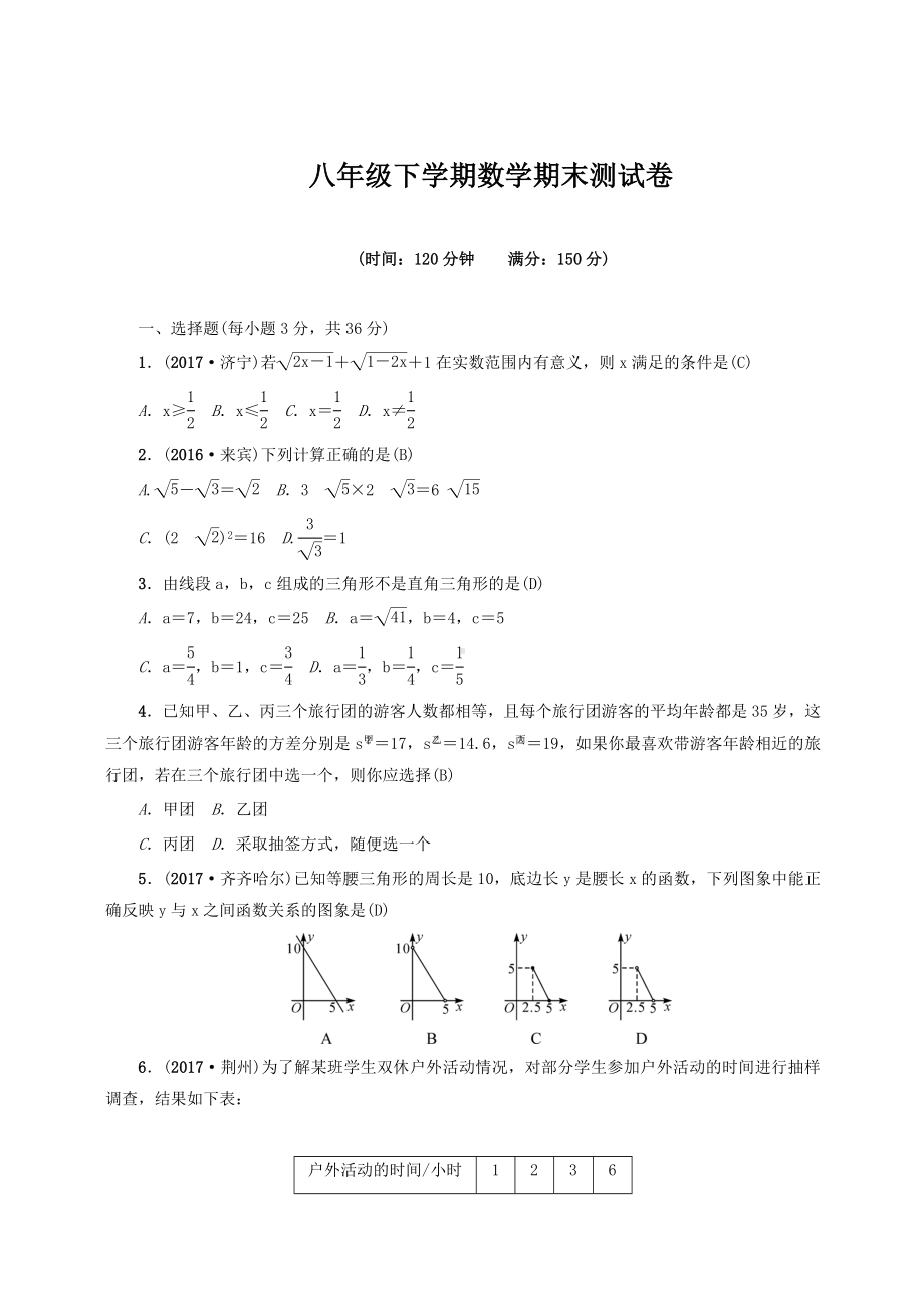 2019人教版八年级数学下册期末测试卷含答案.doc_第1页