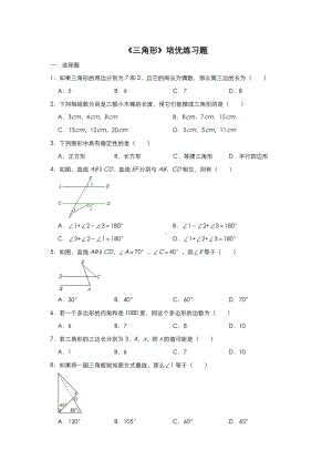 人教版八年级上册数学试题：第十一章《三角形》培优练习题.doc