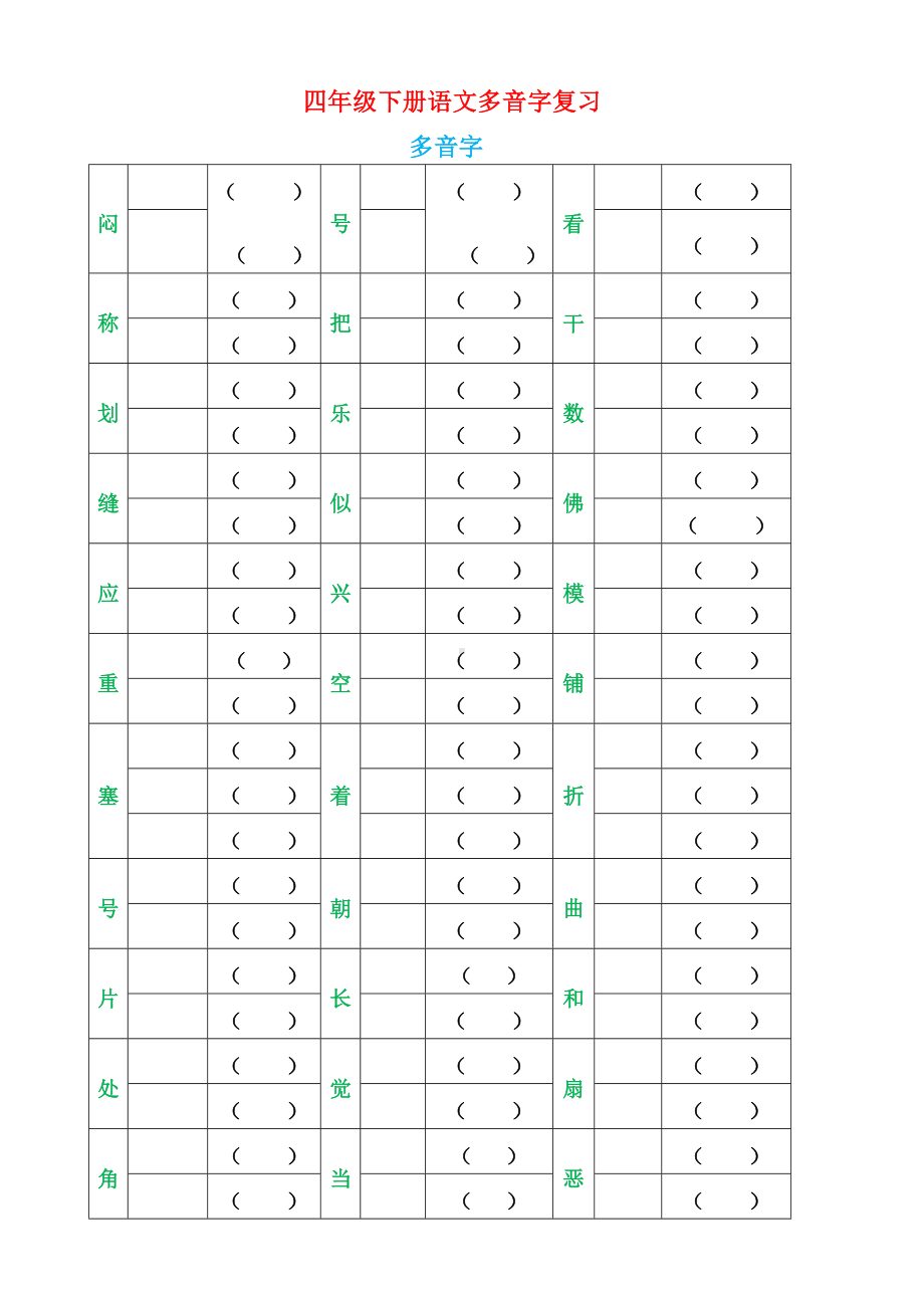 人教部编版四年级下册语文期末字词句总复习题库.doc_第1页