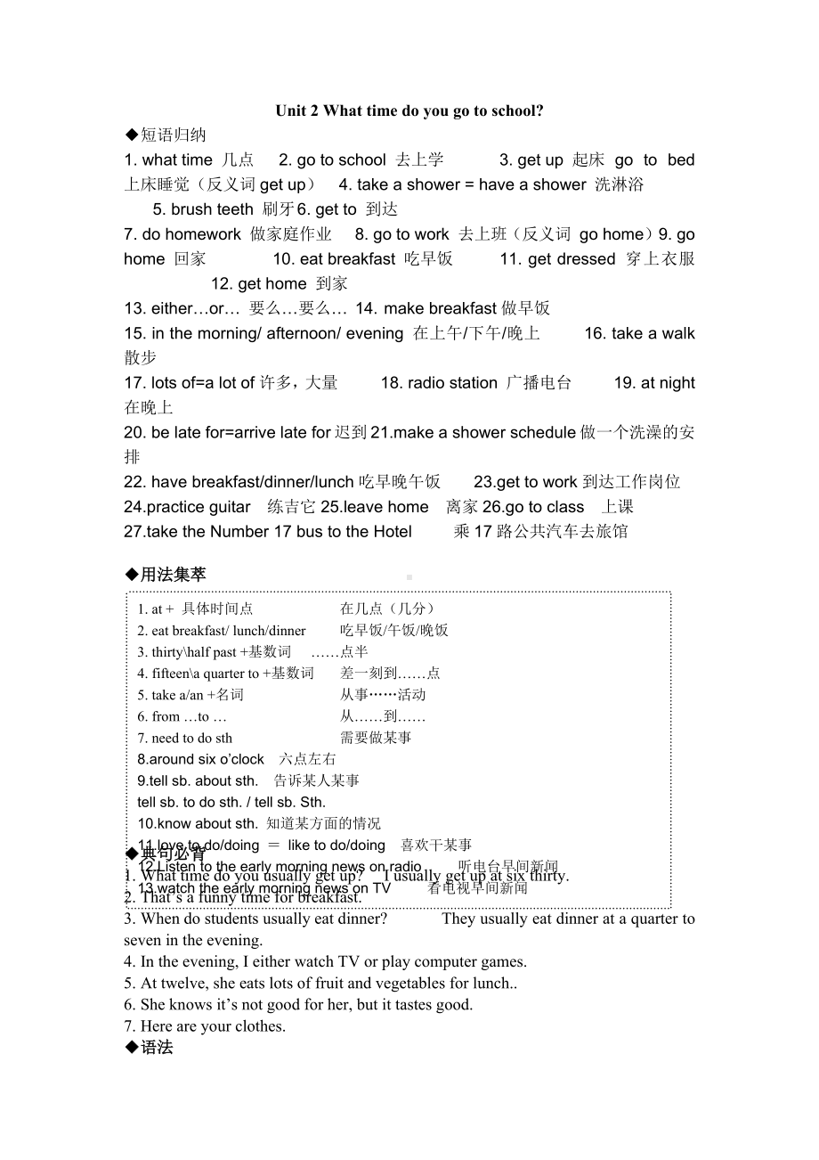 人教版七年级英语下册Unit-2-What-time-do-you-go-to-school知识点归纳总结.docx_第1页