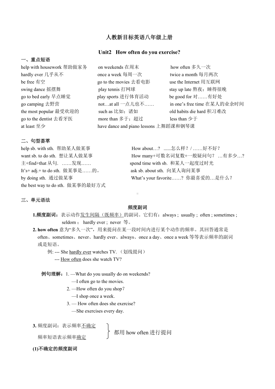 人教新目标英语八年级上册unit2单元知识点总结+练习题(-无答案).doc_第1页