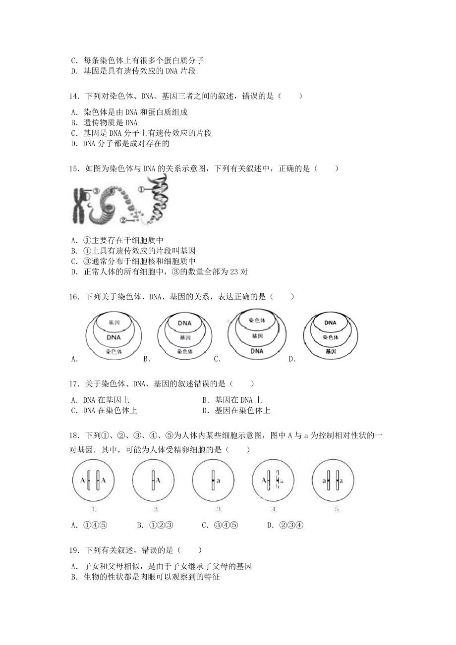 人教版八年级下册生物第七单元第二章第二节《基因在亲子代间的传递》练习题（word版）无答案.docx_第3页