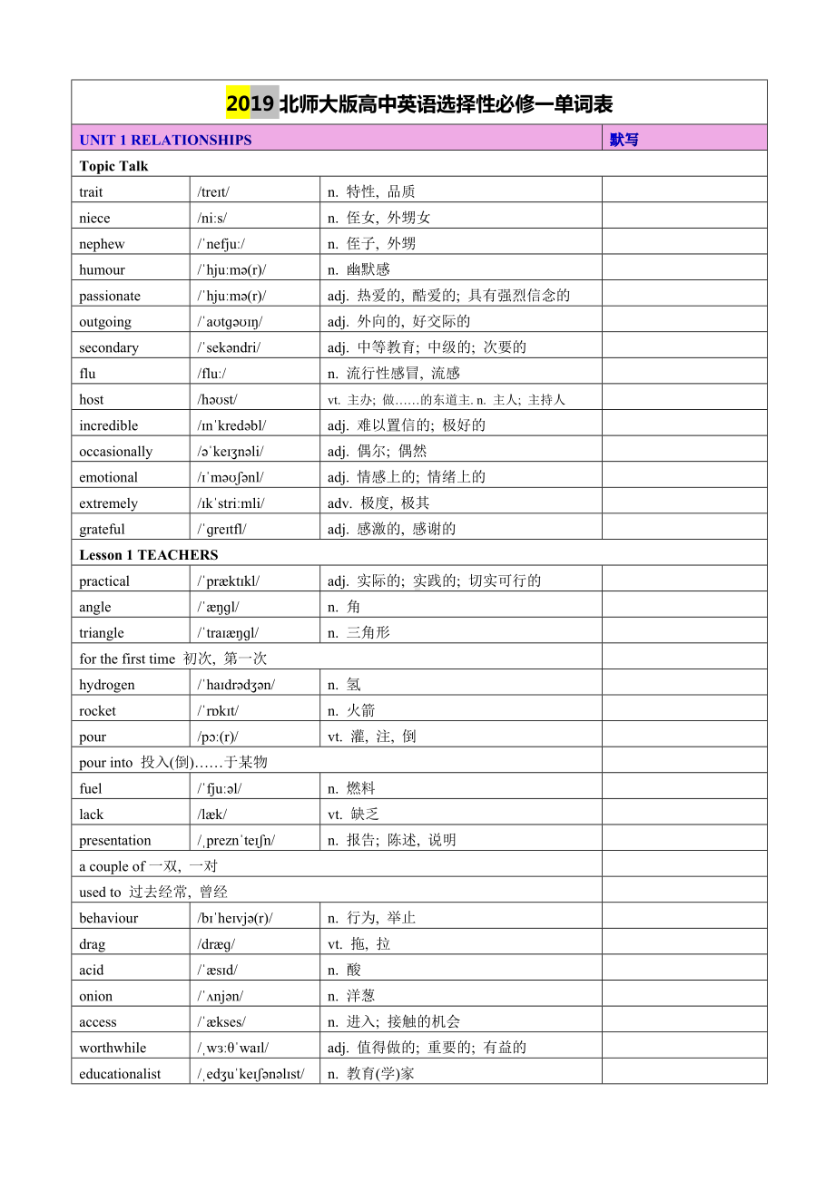 2019北师大版高中英语选择性必修一~四单词总表.docx_第1页