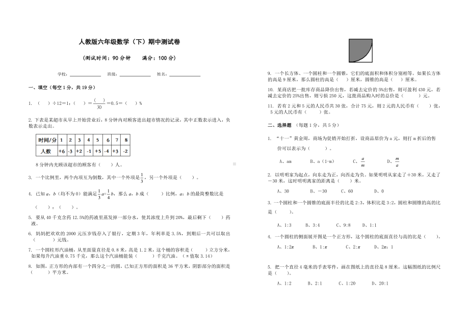 人教版六年级数学下学期期中测试卷及答案.docx_第1页