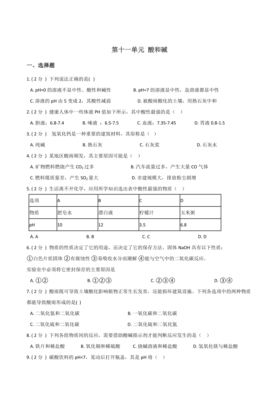 2019年人教版九年级下册化学-第十一单元-酸和碱-单元练习题(无答案).doc_第1页