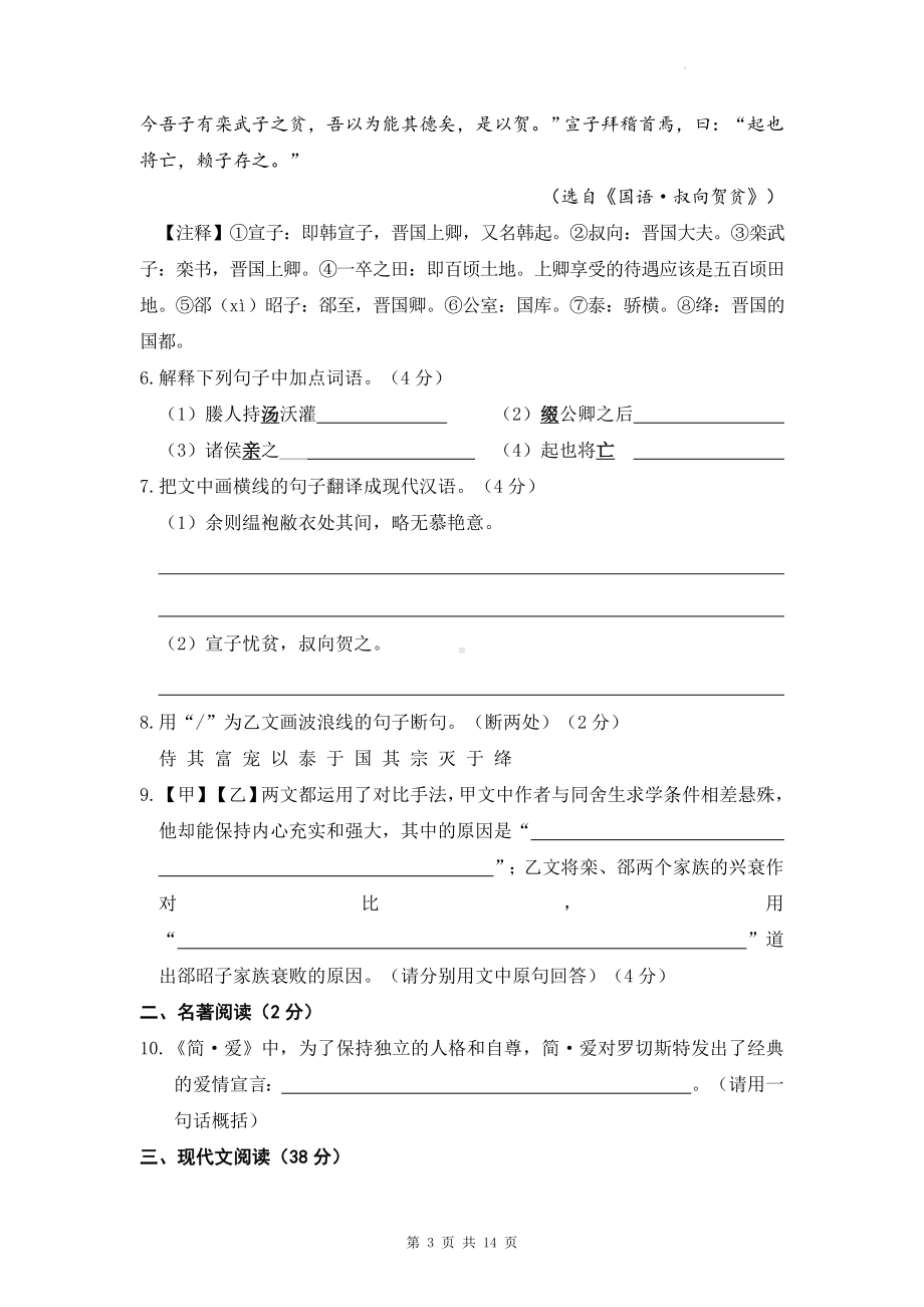 2023年中考语文复习九年级下册模拟试卷（Word版含答案）.docx_第3页