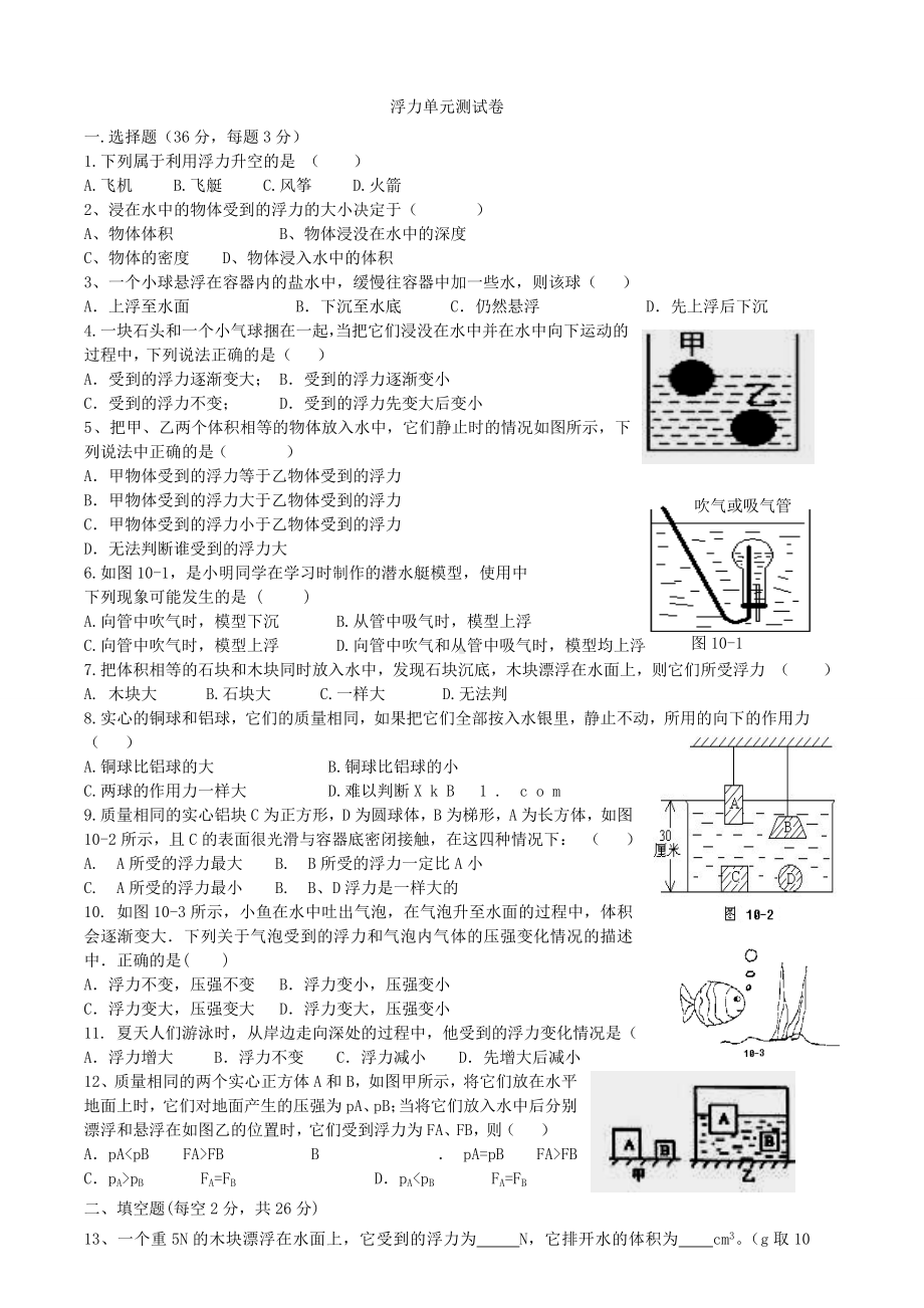 人教版八年级物理下册浮力单元测试卷.docx_第1页