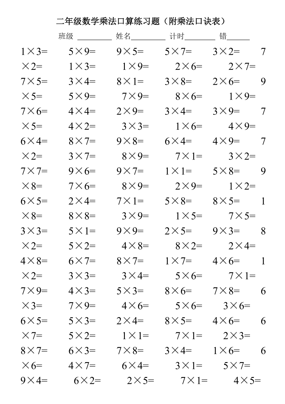 二年级数学乘法口算练习题(附乘法口诀表).doc_第1页