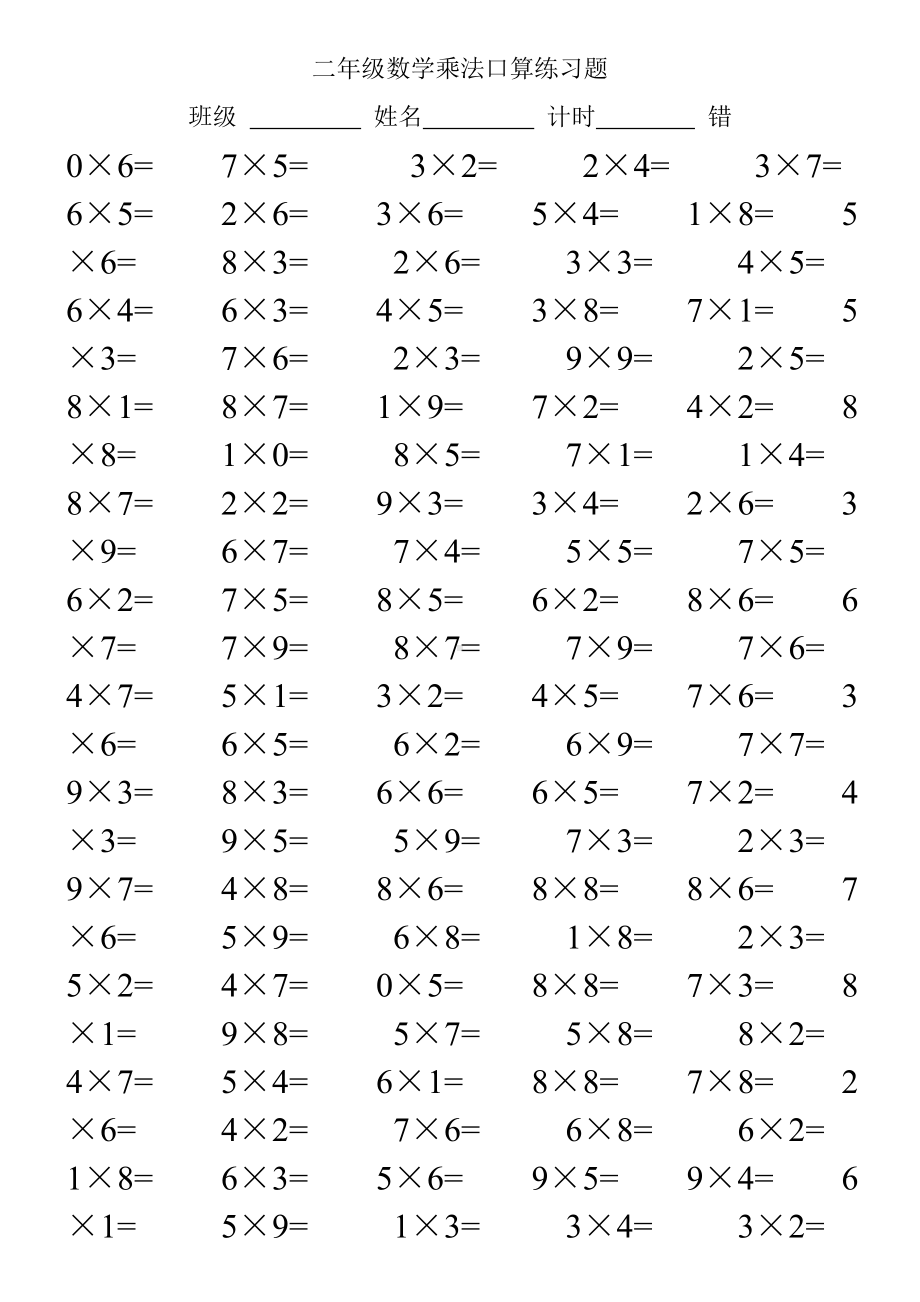 二年级数学乘法口算练习题(附乘法口诀表).doc_第2页