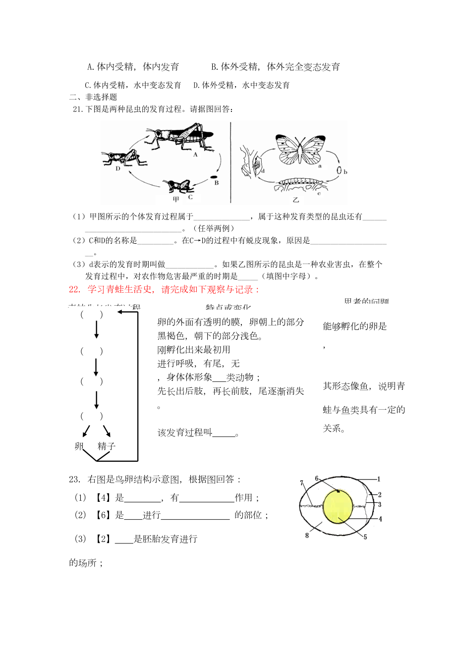 八年级生物上册-第二章动物的生殖和发育单元测试题-济南版(DOC 6页).doc_第3页