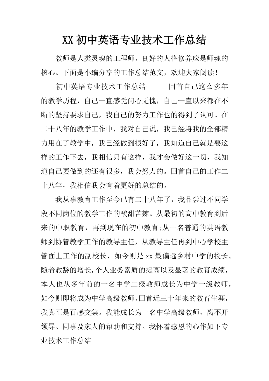 XX初中英语专业技术工作总结.docx_第1页