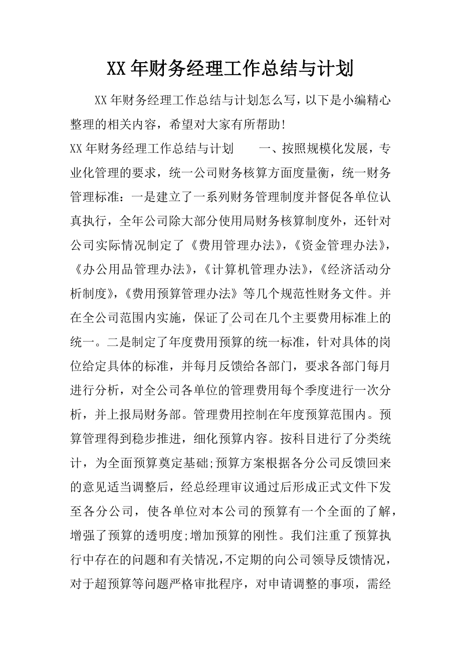 XX年财务经理工作总结与计划.docx_第1页