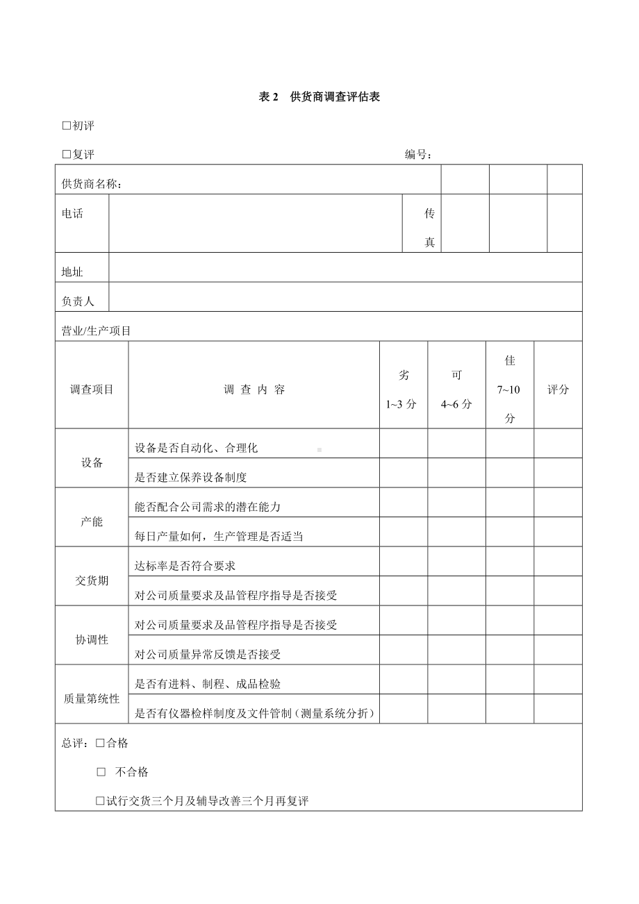 供应商管控《供应商调查表》《供货商调查评估表》《供应商报告卡》《供应商来料质量状况月统计表》报告.doc_第2页