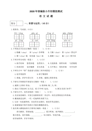 2020部编版语文小升初测试卷(含答案).docx