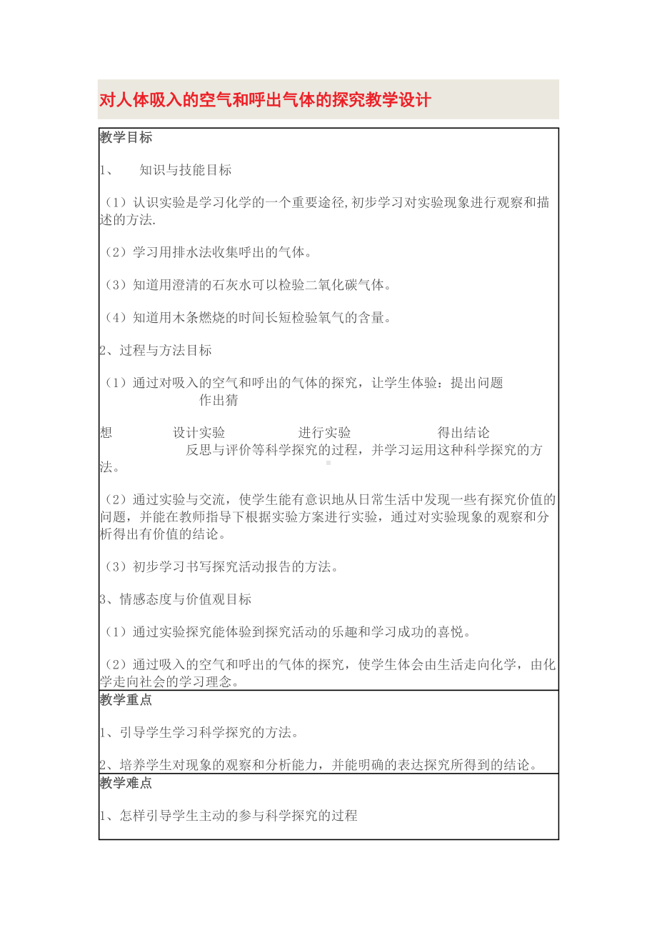 对人体吸入的空气和呼出气体的探究教学设计.doc_第1页