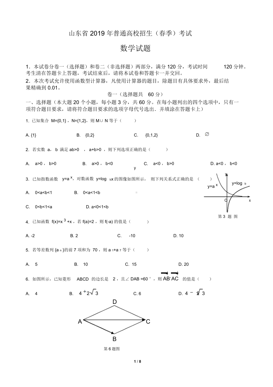 2019年山东省春季高考数学试题及答案.docx_第1页