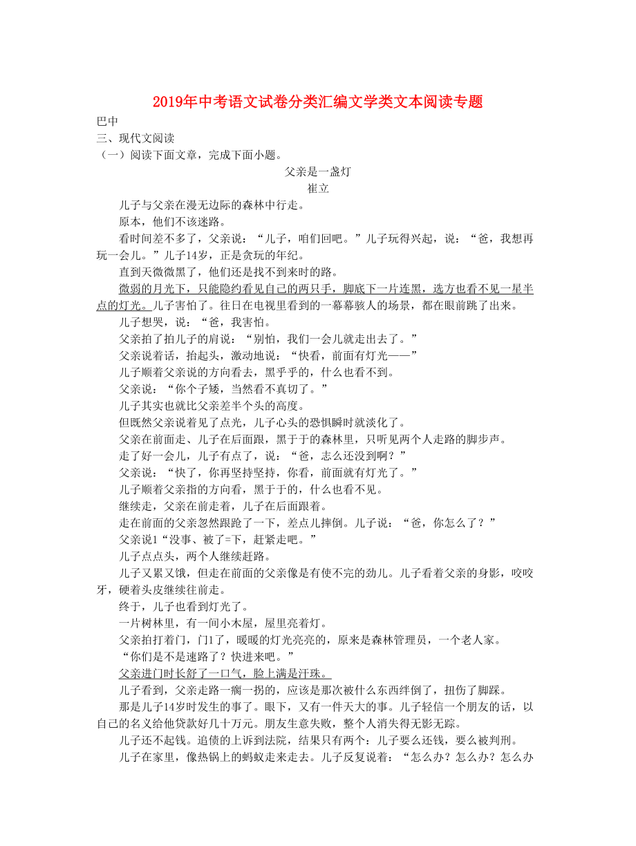 2019年中考语文试卷分类汇编文学类文本阅读专题.doc_第1页