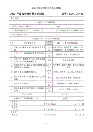 2020年度安全费用预算计划表模板参考模板范本.doc