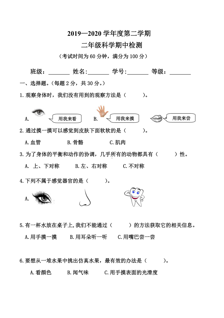 二年级下册科学期中检测试卷.doc_第1页