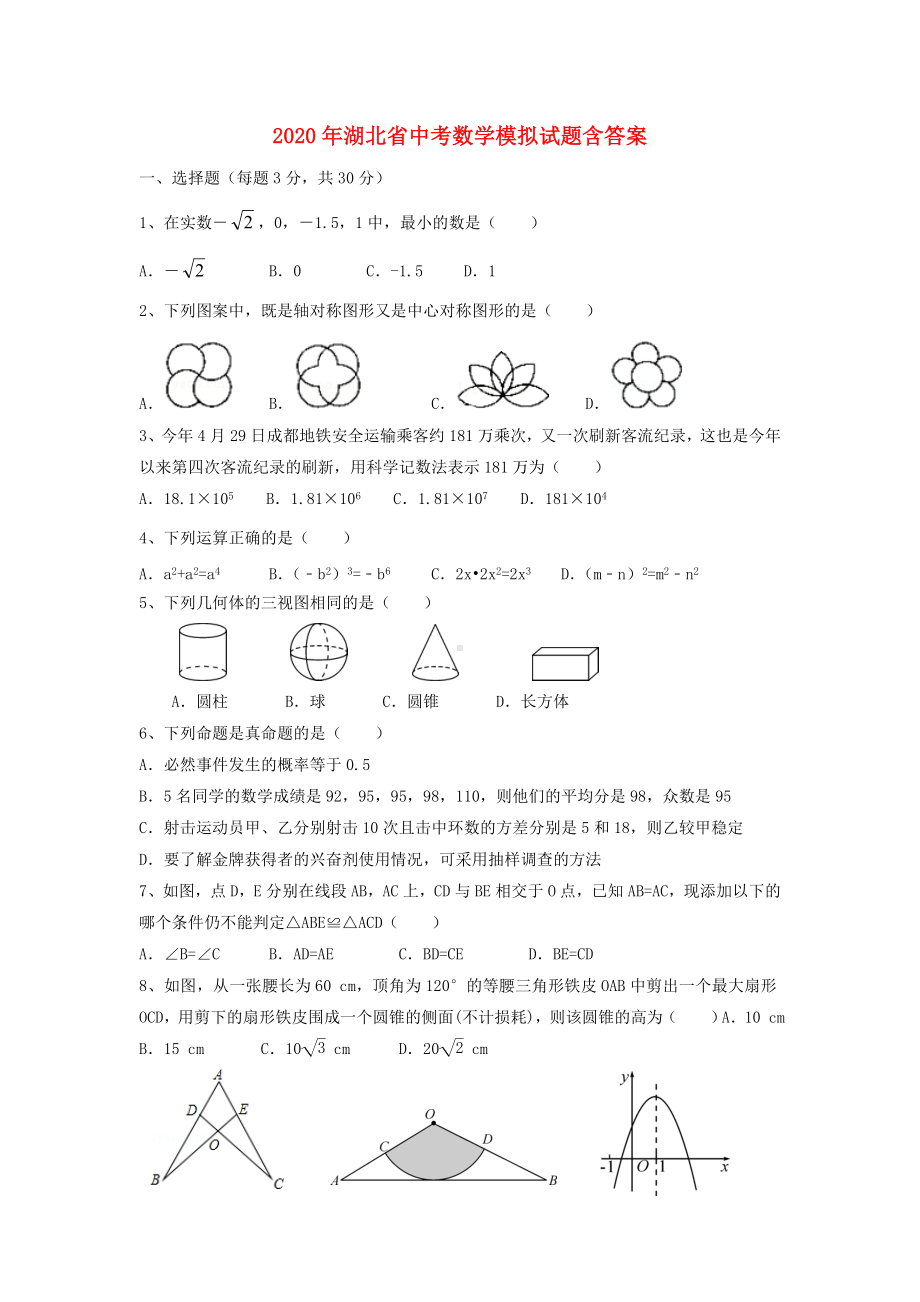 2020年湖北省中考数学模拟试题(含答案).doc_第1页