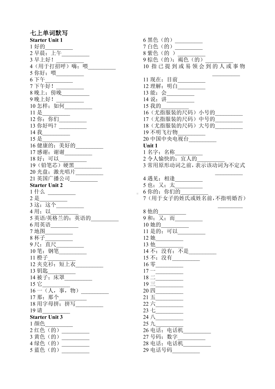 人教版七年级英语上册单词默写完整版(填空).doc_第1页