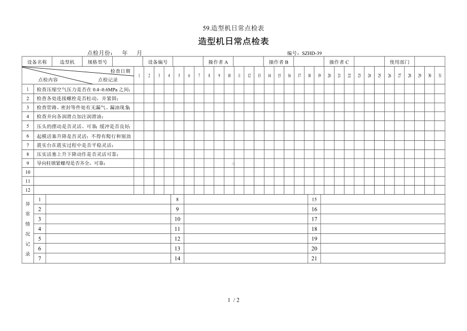 59.造型机日常点检表参考模板范本.doc_第1页