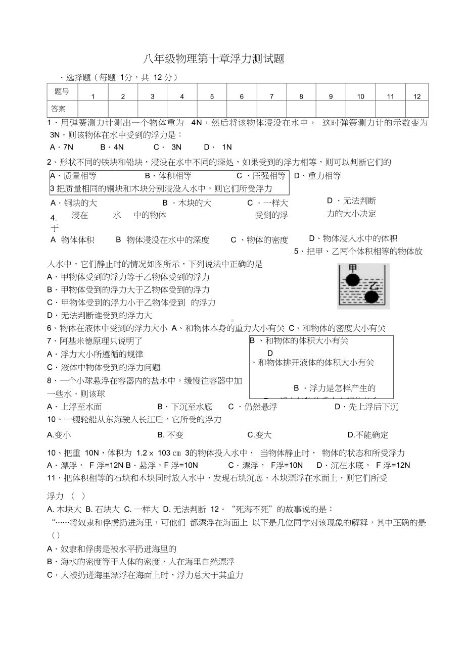 八年级物理浮力测试题含答案(DOC 9页).docx_第1页