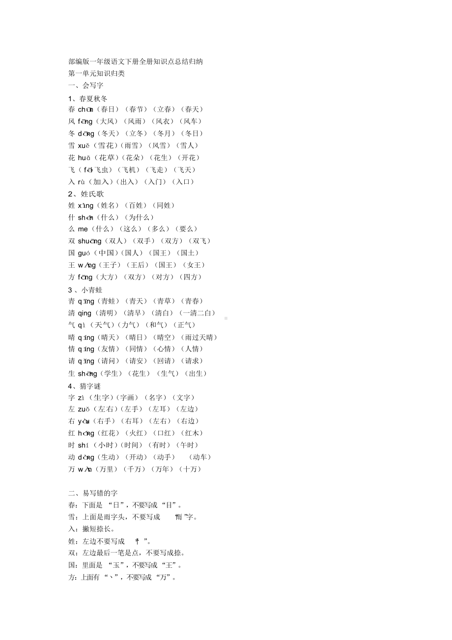 2020年部编版一年级语文下册全册知识点总结归纳.docx_第1页