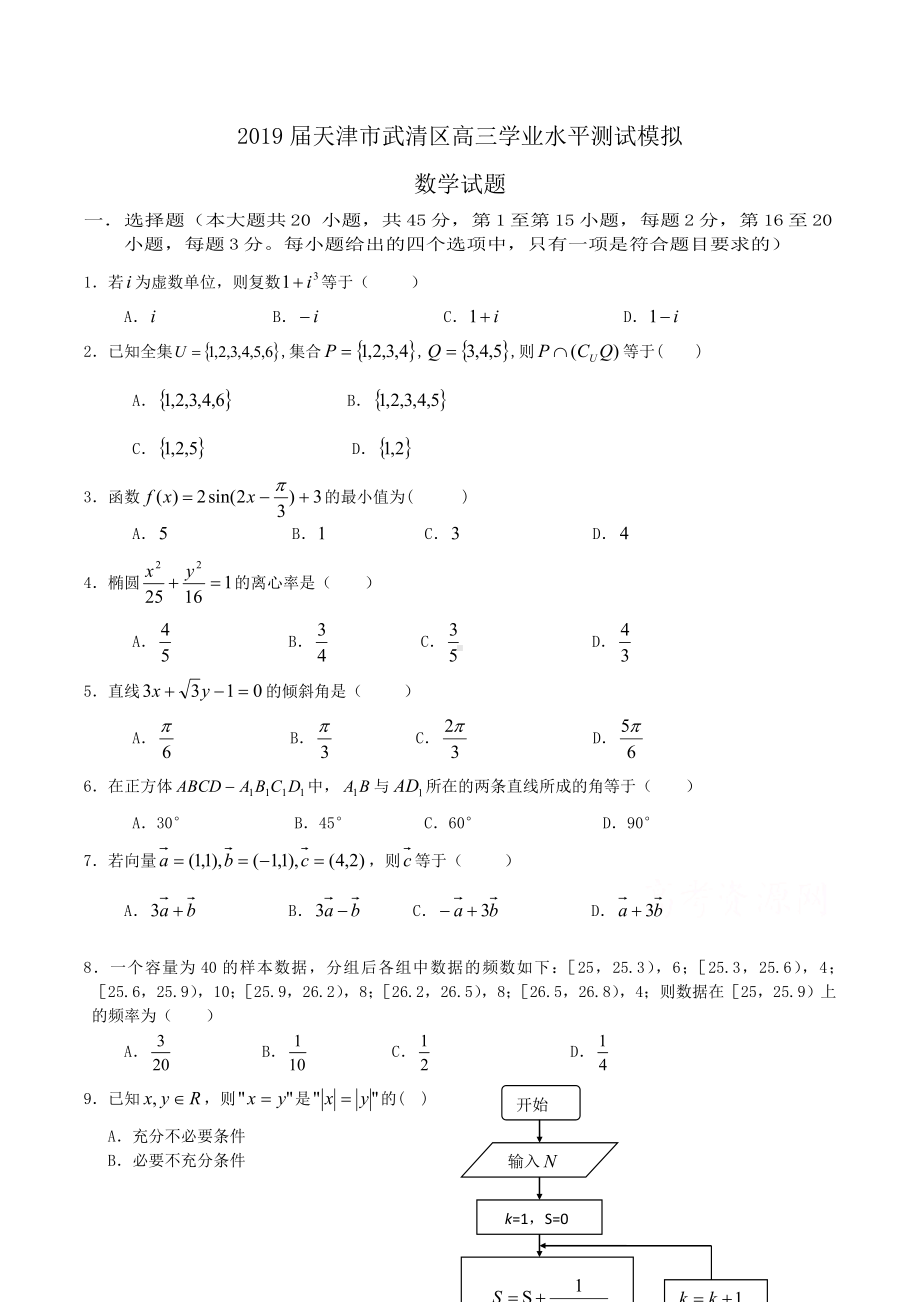 2019届天津市武清区高三学业水平测试模拟数学试题Word版含答案.doc_第1页