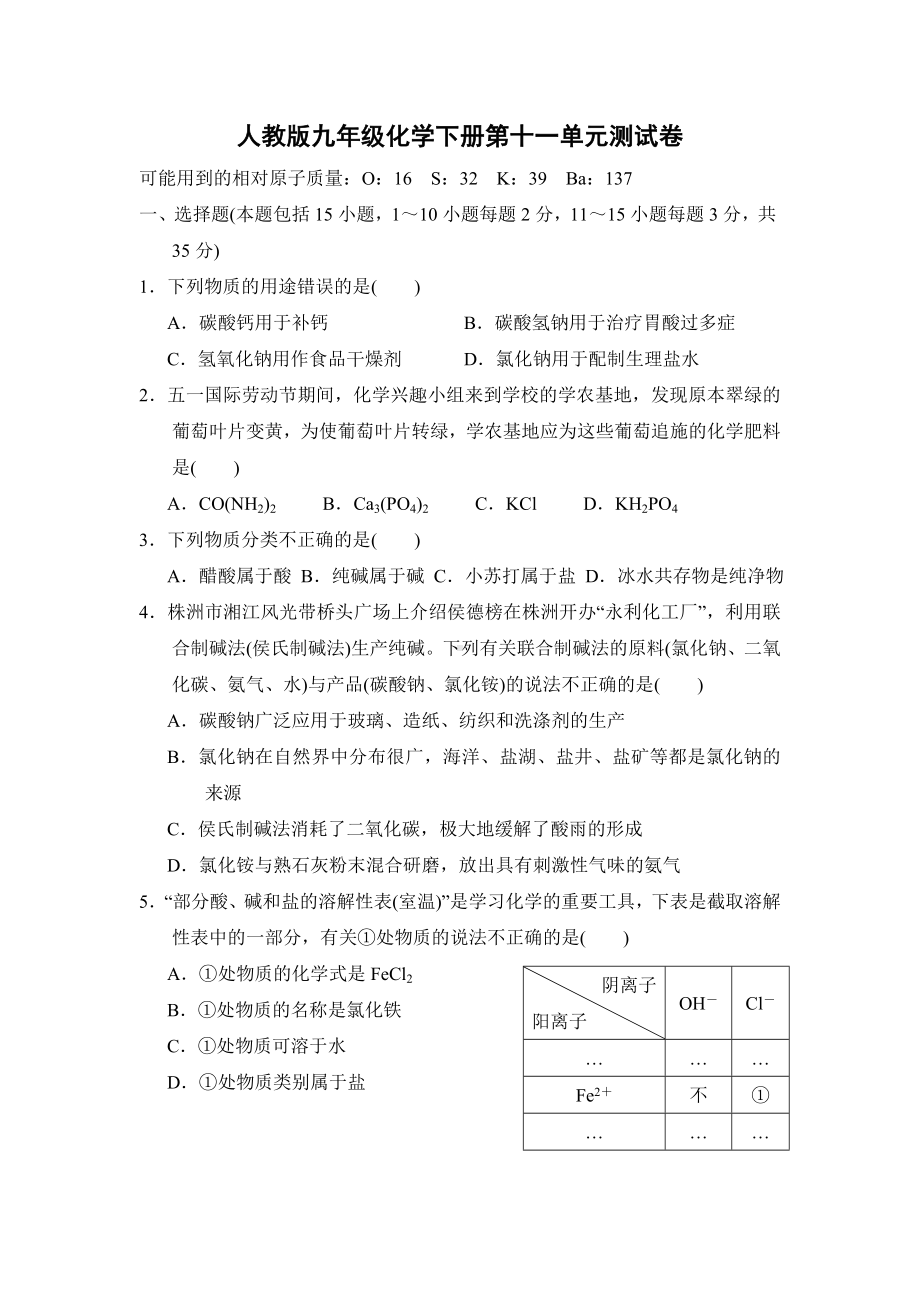 人教版九年级化学下册第十一单元测试卷(含答案).doc_第1页