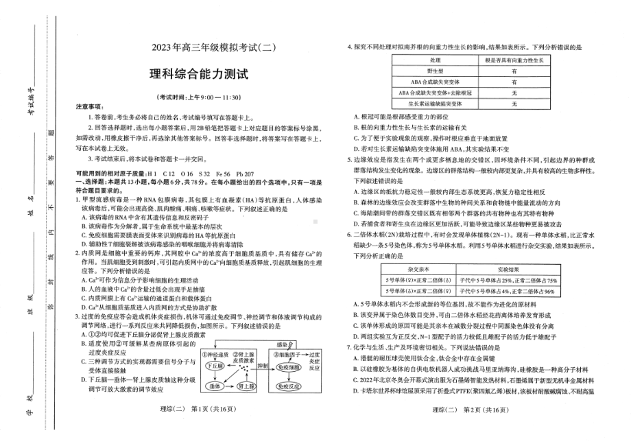 2023届山西省太原市等2地高三下学期二模理综试题.pdf_第1页