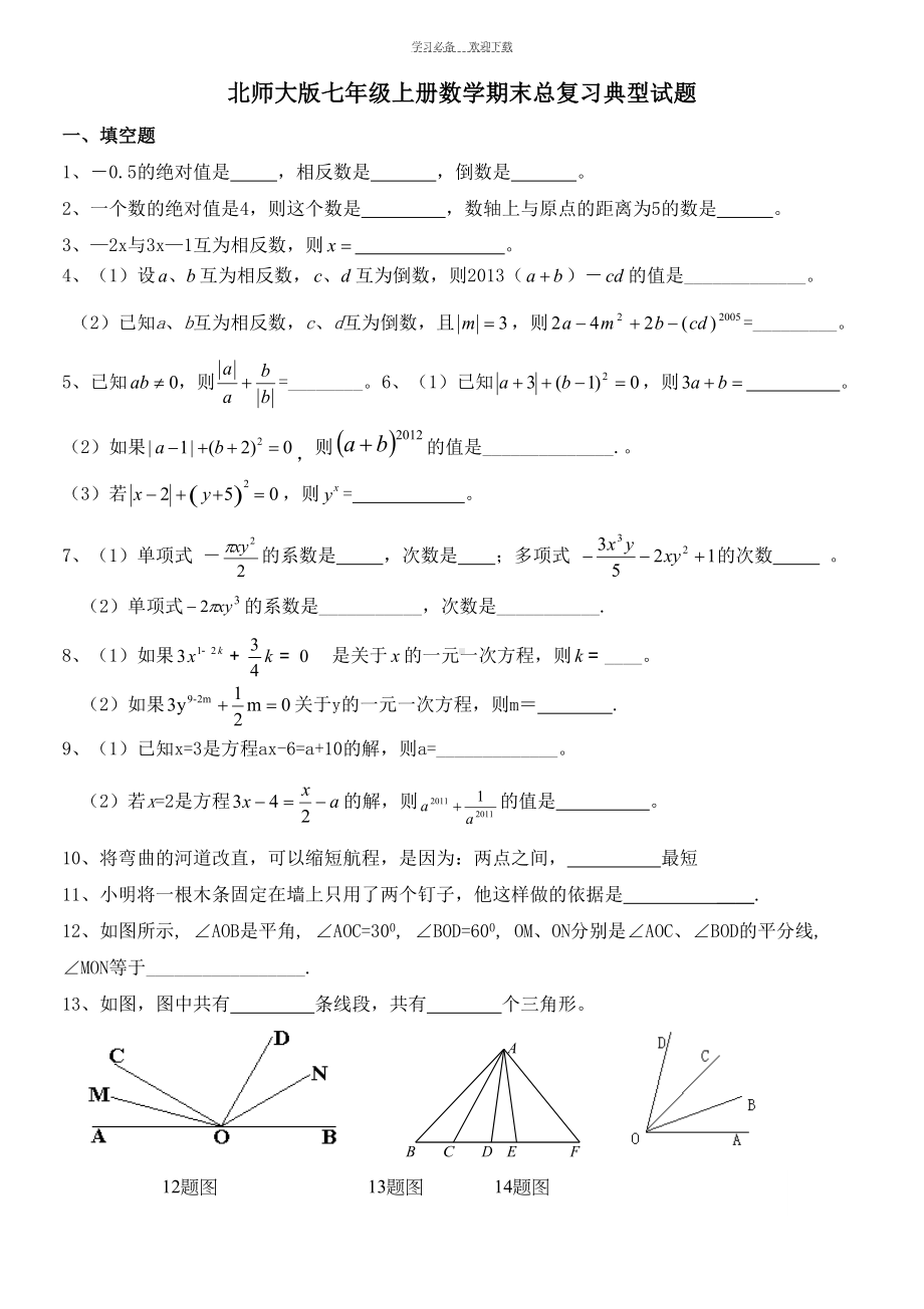 北师大版七年级上册数学期末总复习典型试题(DOC 14页).doc_第1页