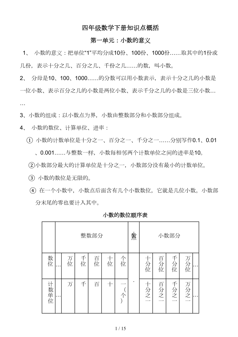 北师大新版四年级下数学各单元复习资料(DOC 15页).doc_第1页