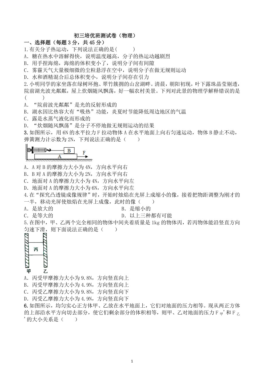 湖南省宁乡市梅花中学2021-2022学年下学期九年级物理培优班测试卷.docx_第1页