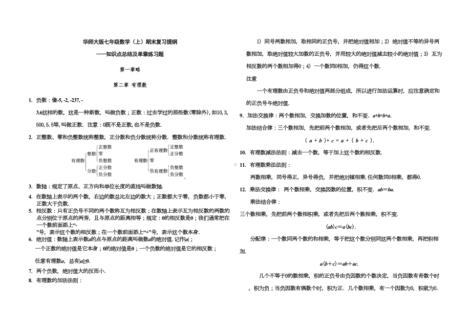 华师大版初一年级数学上期末复习知识点总结及章节训练试题(DOC 14页).doc_第1页