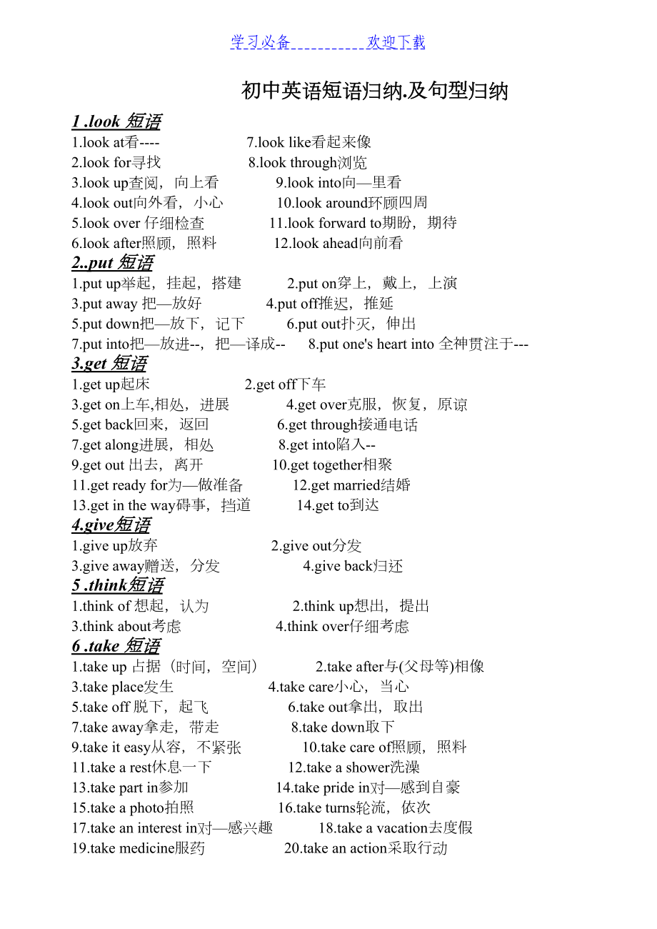 初中英语短语归纳及句型归纳(DOC 12页).doc_第1页