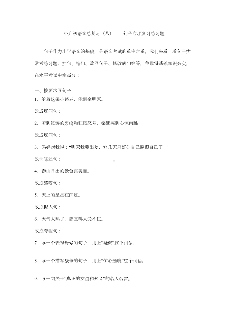 小升初语文总复习(八)-句子专项复习练习题(DOC 6页).docx_第1页