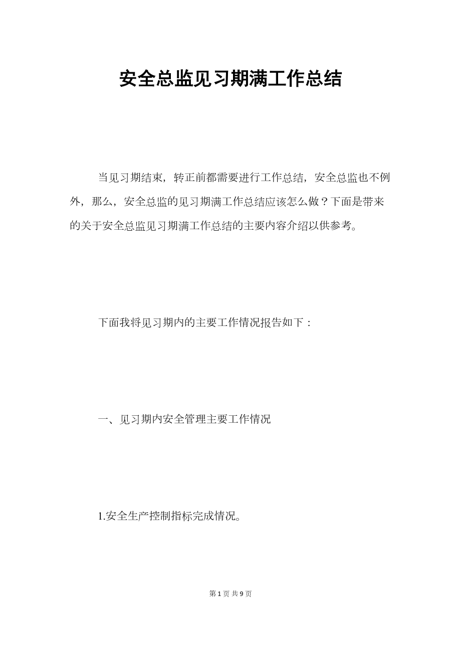 安全总监见习期满工作总结(DOC 9页).docx_第1页