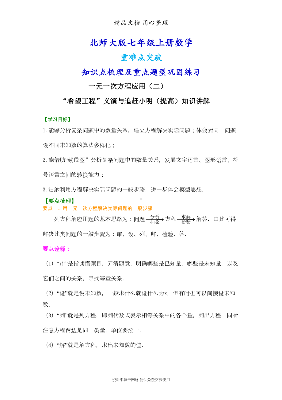 北师大版七年级上册数学[一元一次方程应用“希望工程”义演与追赶小明(提高版)知识点整理及重点题型](DOC 6页).doc_第1页