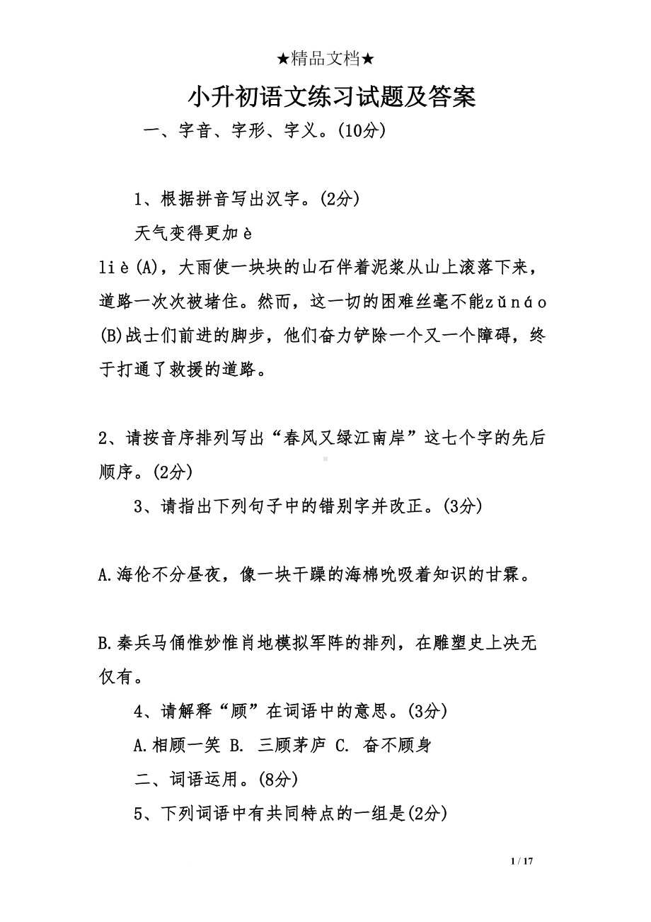 小升初语文练习试题及答案(DOC 17页).doc_第1页