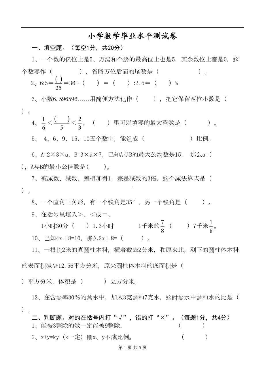 小升初数学总复习试卷1(DOC 5页).doc_第1页