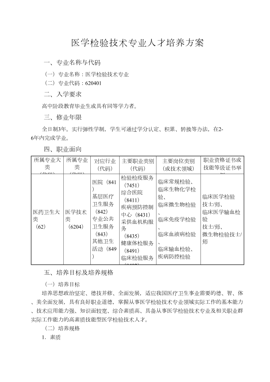 医学检验技术专业人才培养方案(DOC 22页).doc_第1页