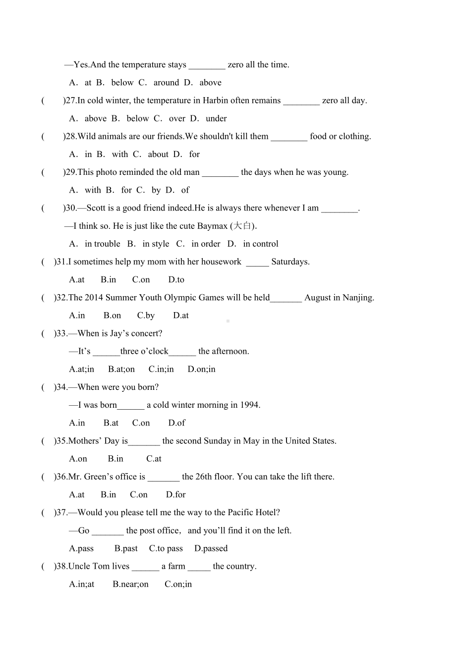 初中英语语法过关-介词专项练习题-精选50题-(有答案)(DOC 5页).docx_第3页