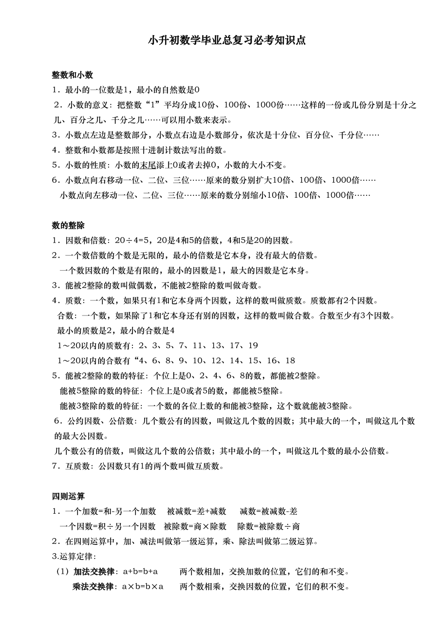 六年级下小升初数学毕业总复习必考知识点汇总(DOC 6页).doc_第1页